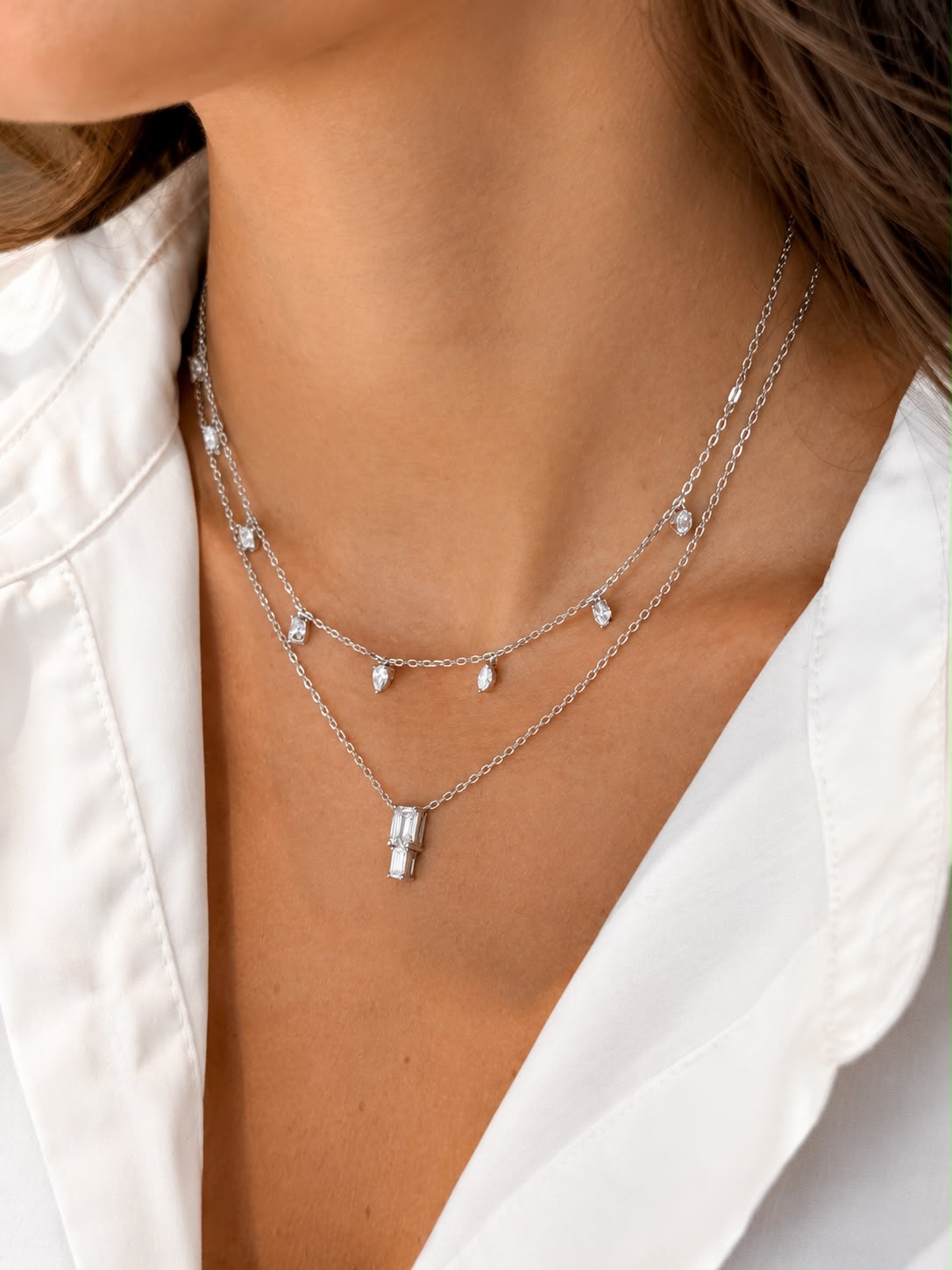 Double Emerald Stones Lab Grown Necklace