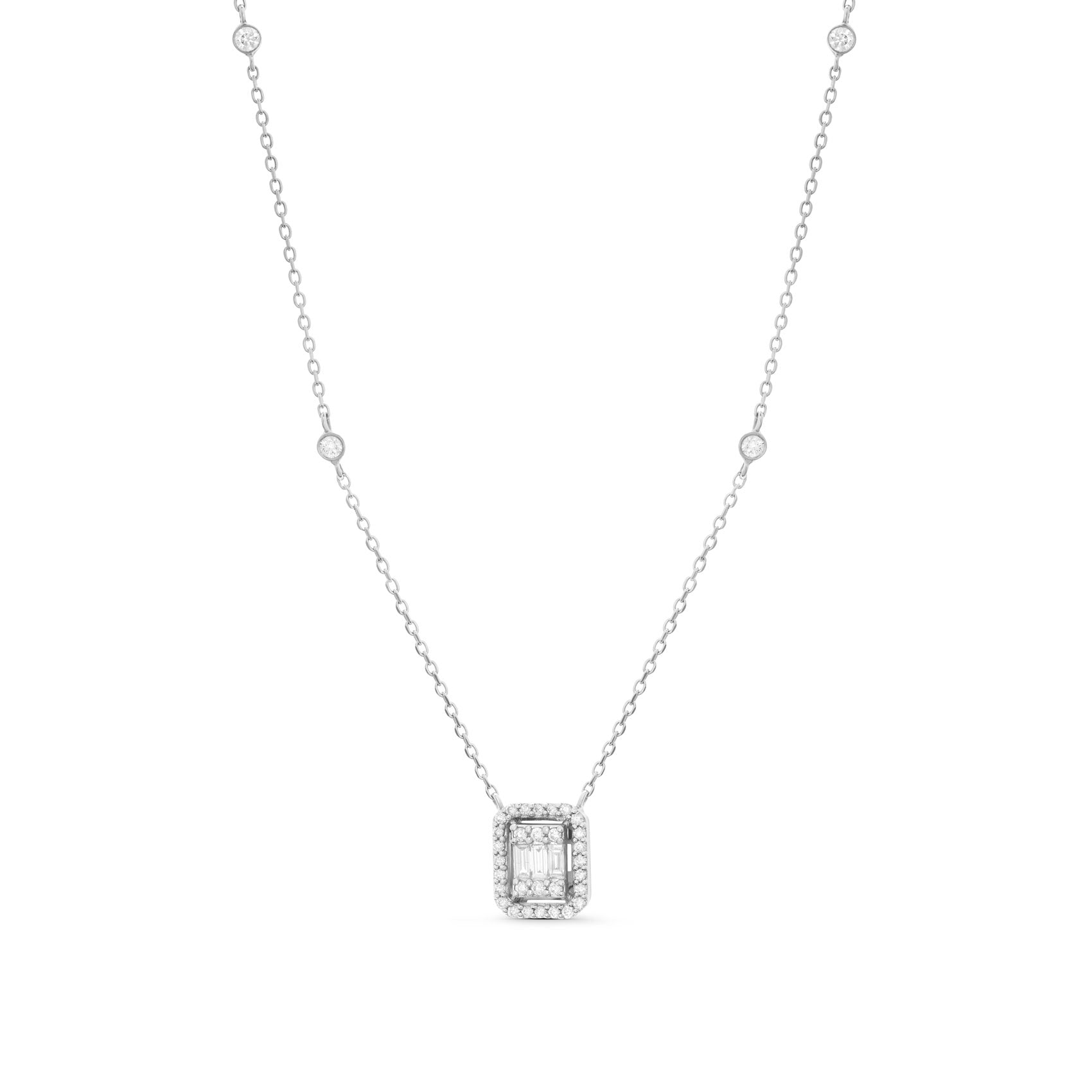 Diamond Square Pendant Necklace with Side Stones