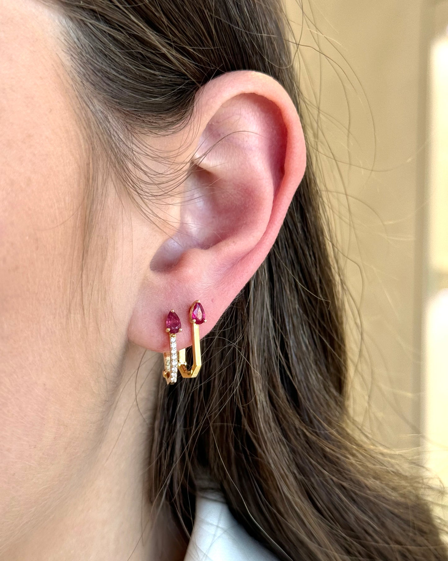 Ruby Pear Cut Rectangle Studded Hoops