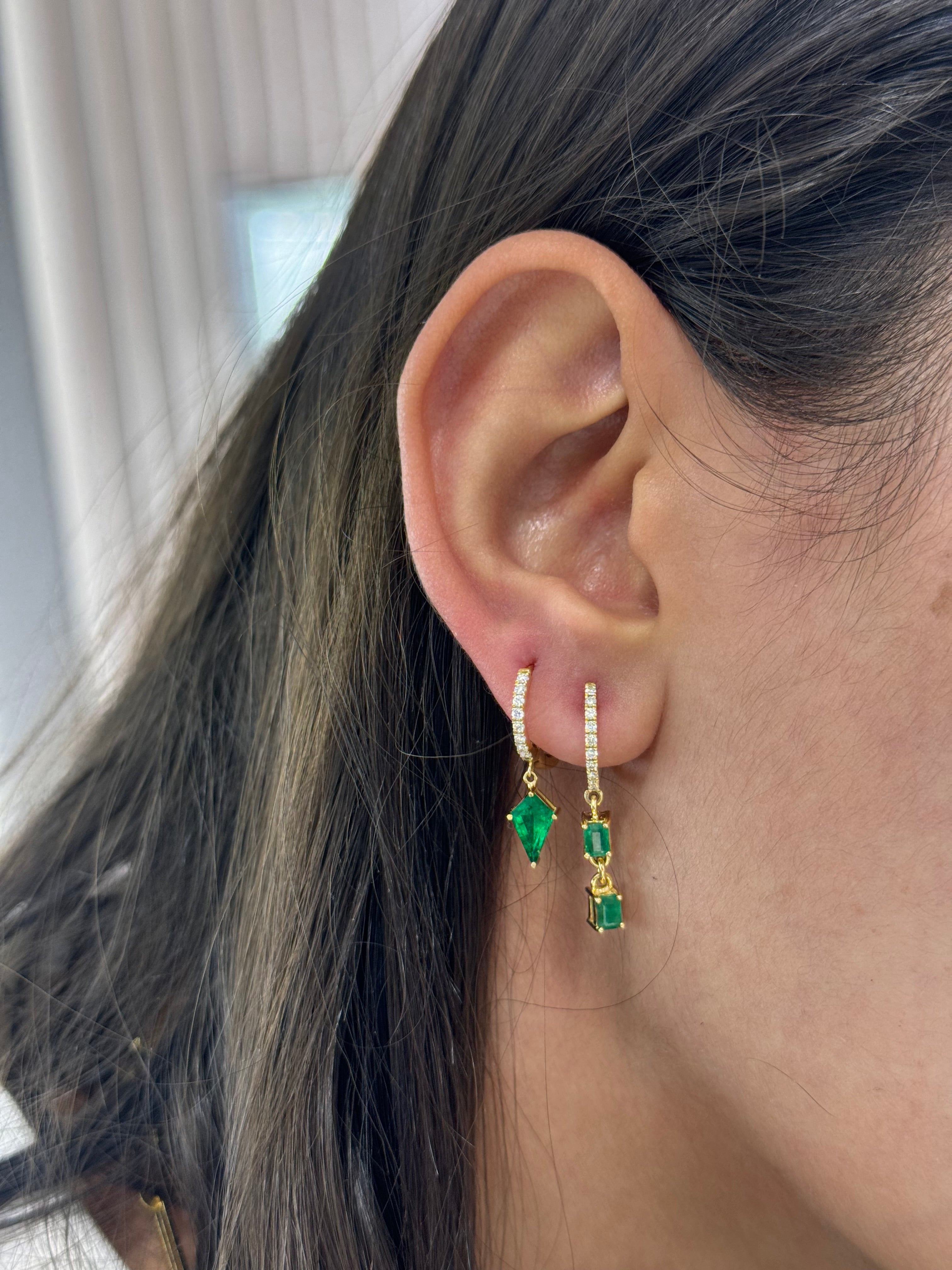 Diamond and Two Emerald Square Stones Huggie Hoop