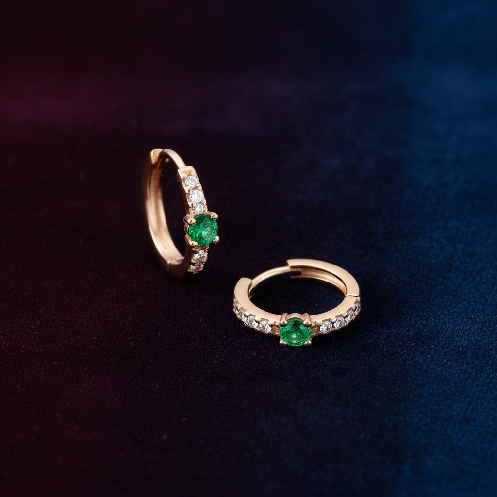 Gold hoop earrings with green gemstones on a dark blue background