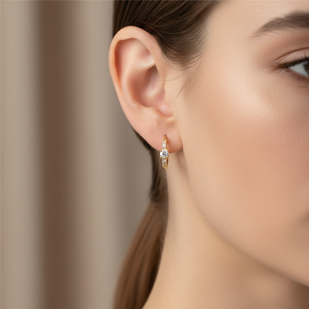 Gold hoop earring with a central gemstone on a white background