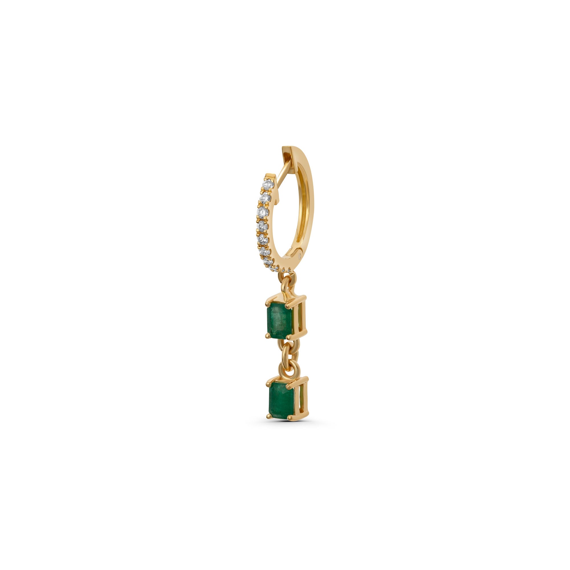 Diamond and Two Emerald Square Stones Huggie Hoop