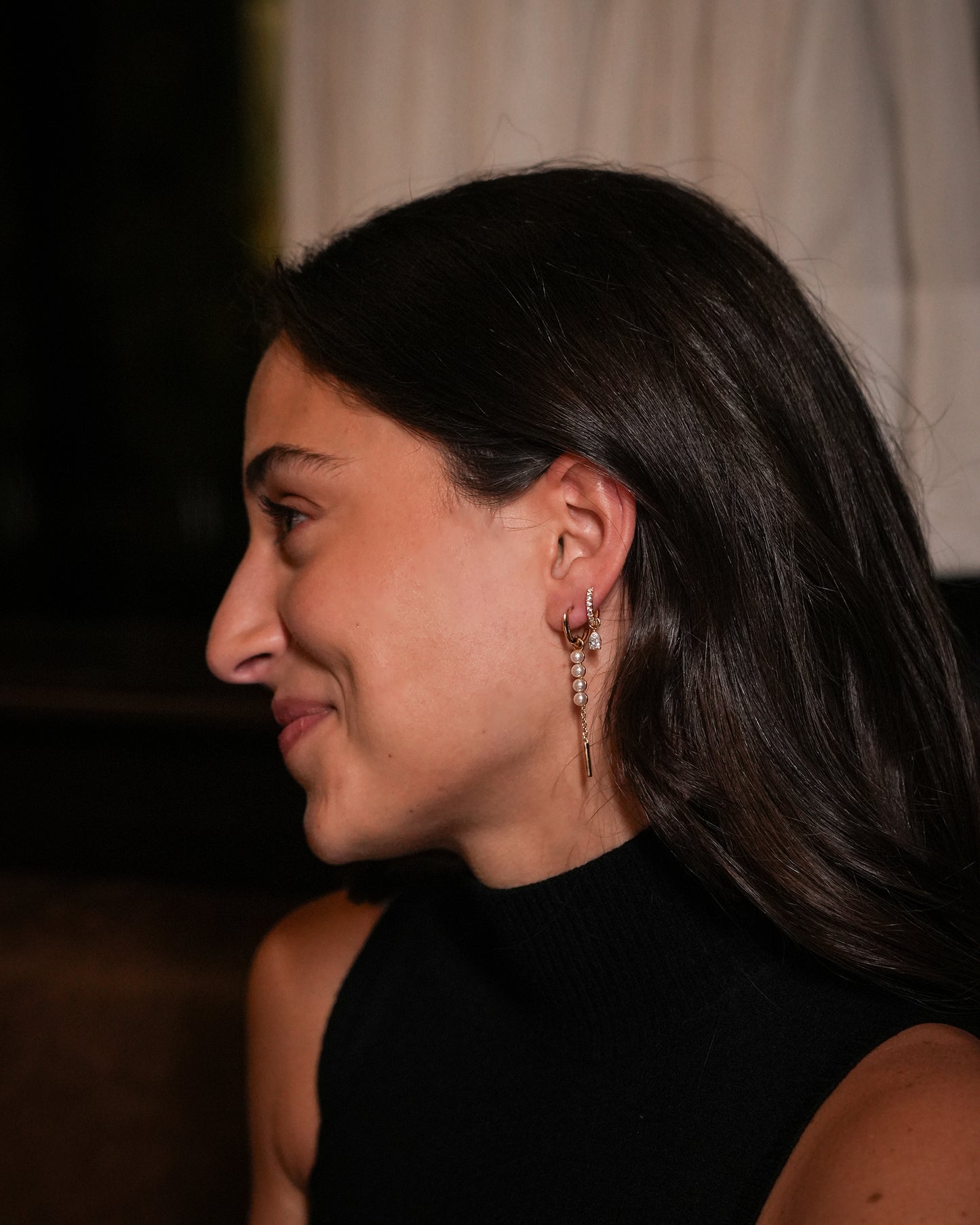 Long Four Pearls Drop Hoop