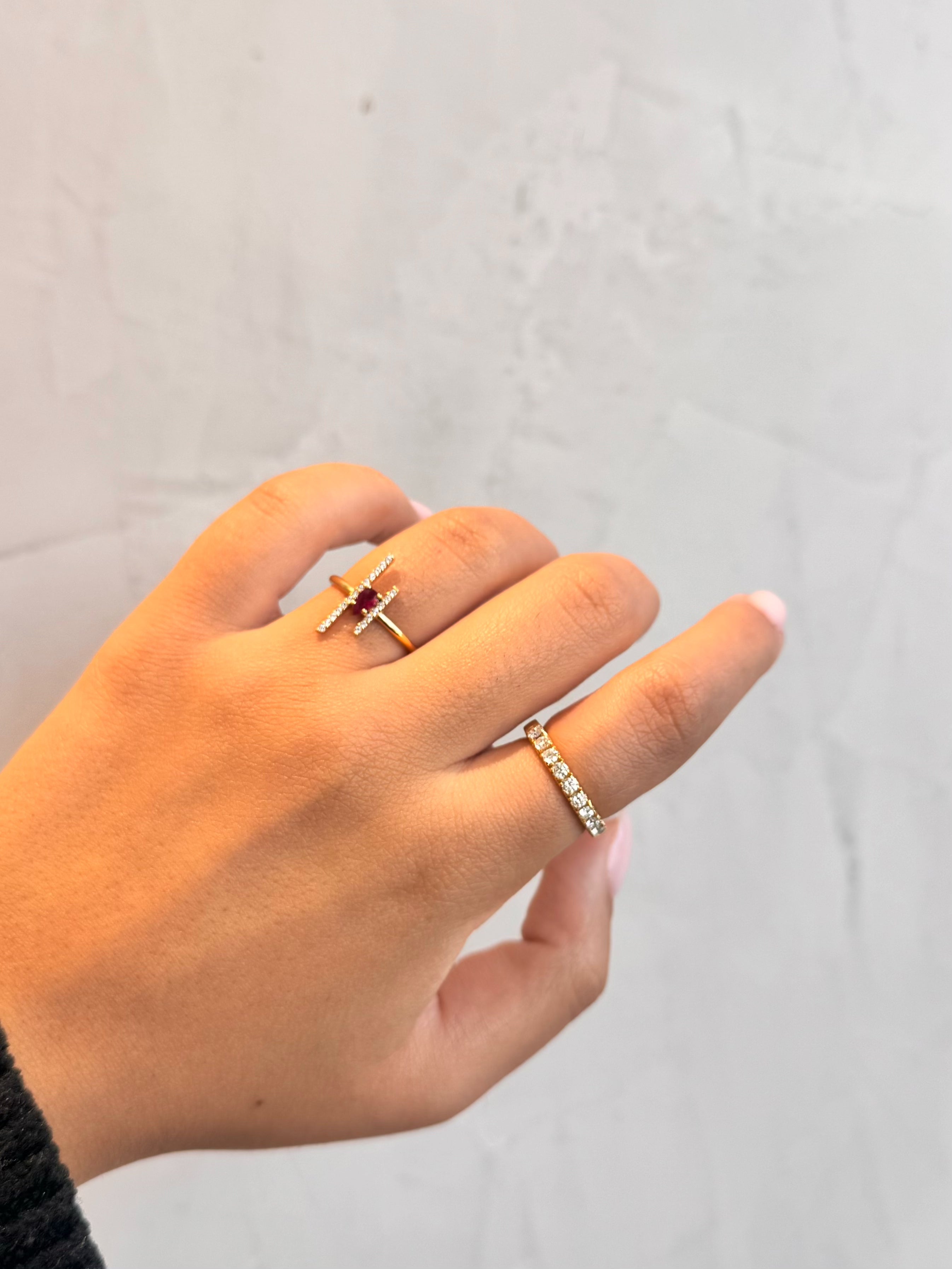 Diamond Parallel Lines with Ruby Stone Ring