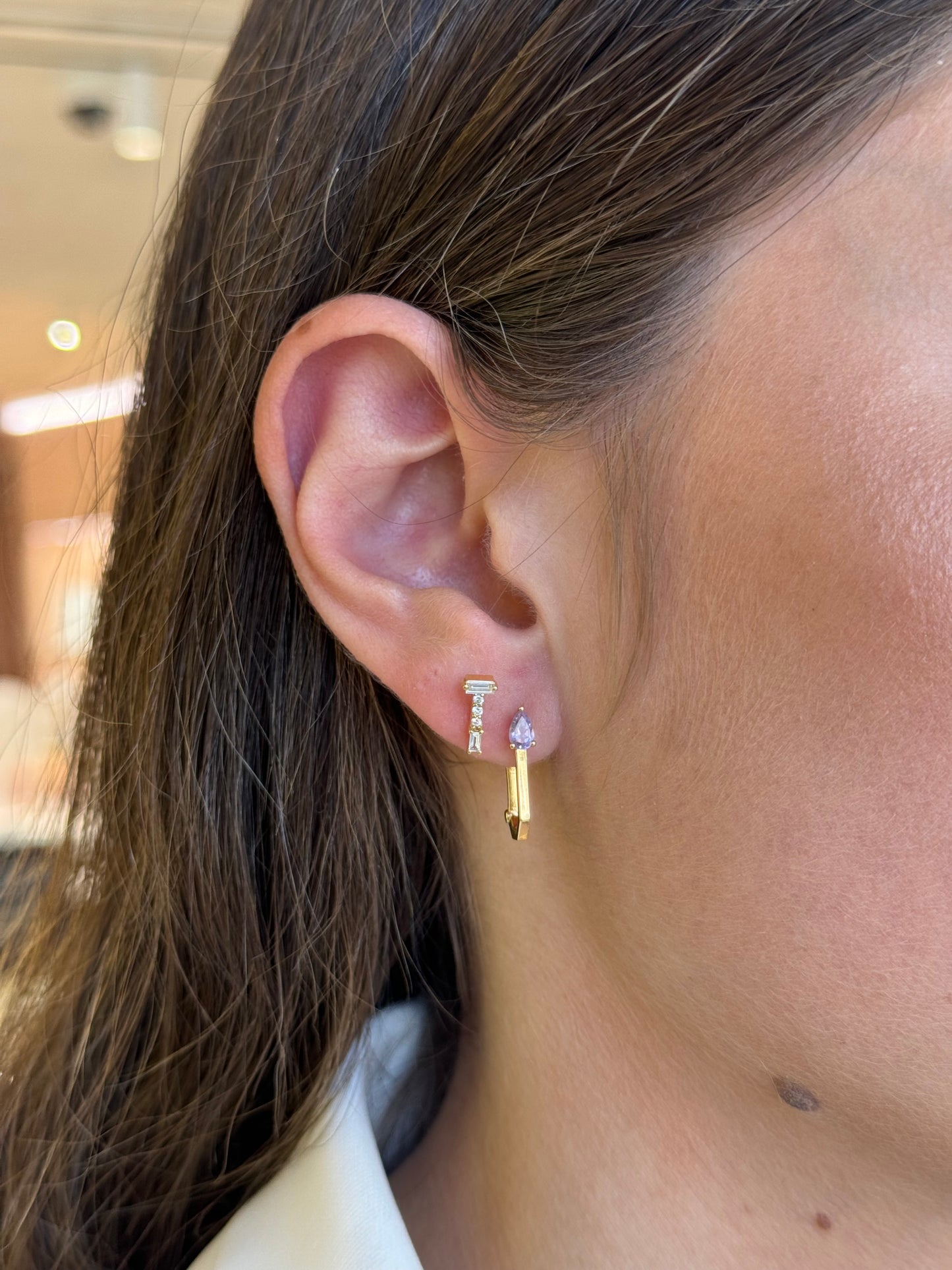 Diamond Baguette Line Drop Stud
