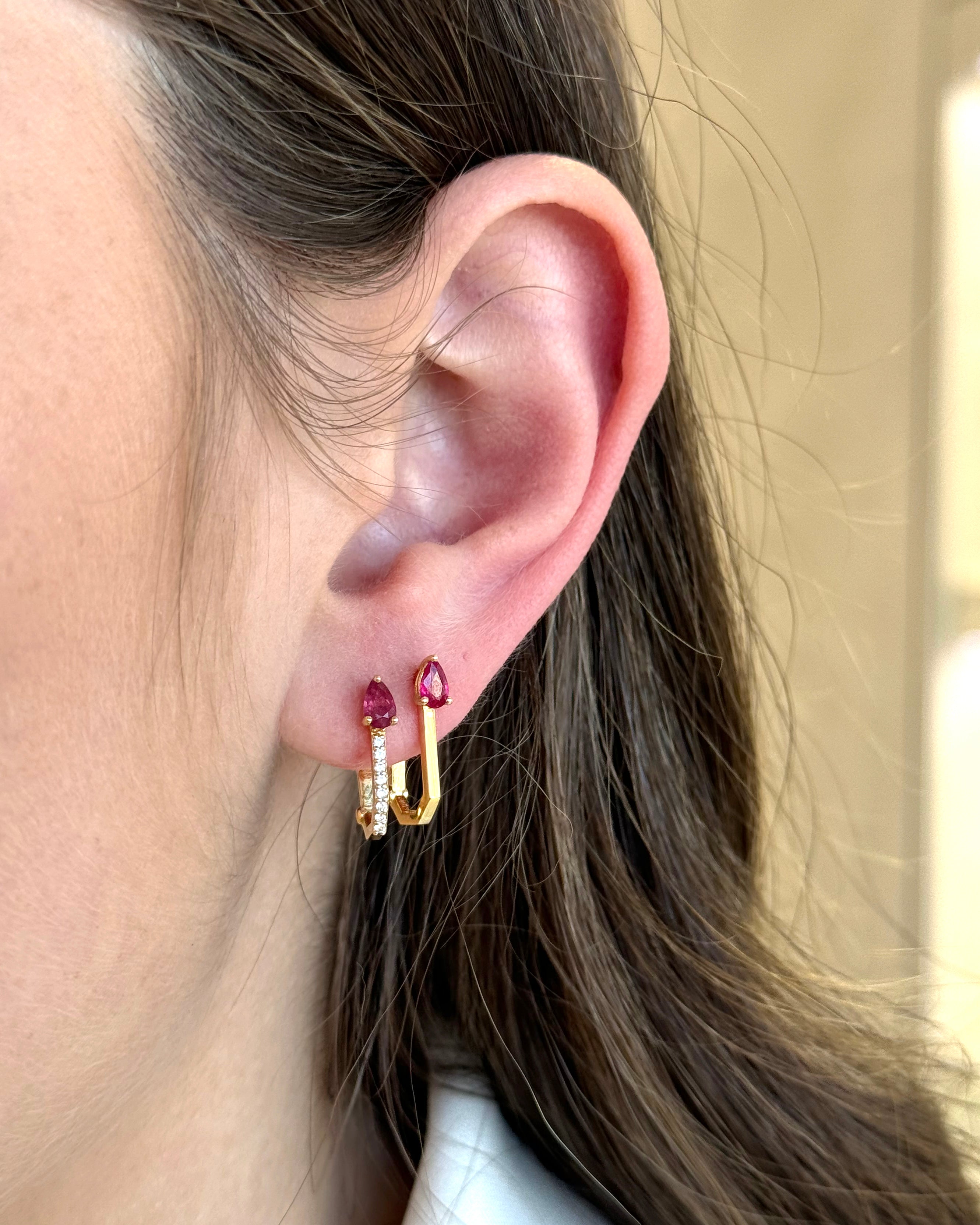 Ruby Pear Cut Rectangle Studded Hoops