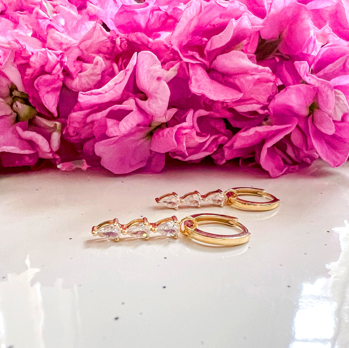 Pear Stones Vertical Drop Huggie Hoop